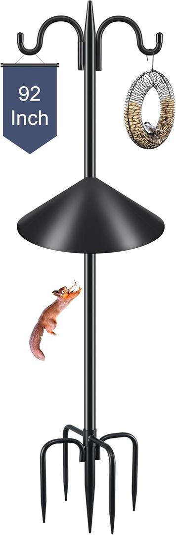 Gtongoko Bird Feeder Pole Squirrel Proof, 92 Inch Double Shepherds Hook for Outdoor with Squirrel Baffles Adjustable Heavy Duty with 5 Prongs Base for Hanging Plants, Bird Feeders, Black