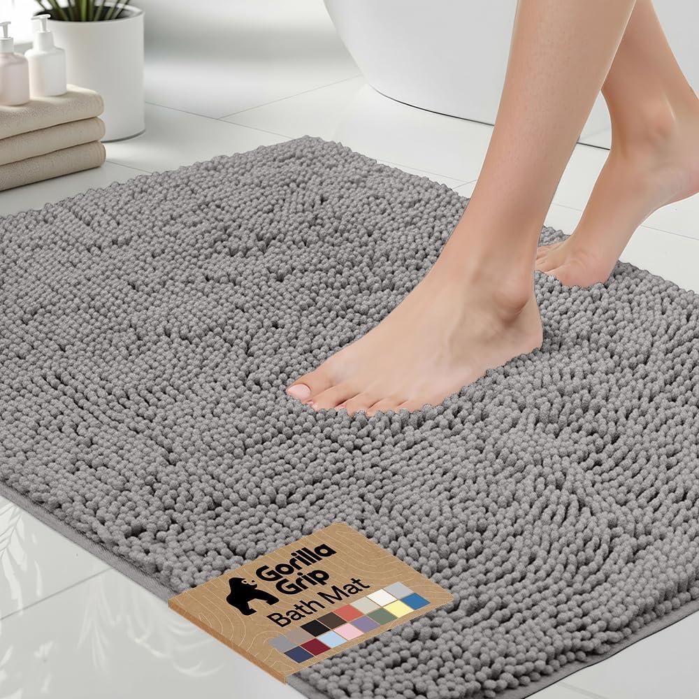 GORILLA GRIP Bath Rug Mat, Thick Soft Absorbent Chenille, Quick Dry Microfiber Mats, Rubber Backing, Machine Washable Shower Floor Rugs, Bathroom Bathmat Home Decor Accessories, 24x17 Grey