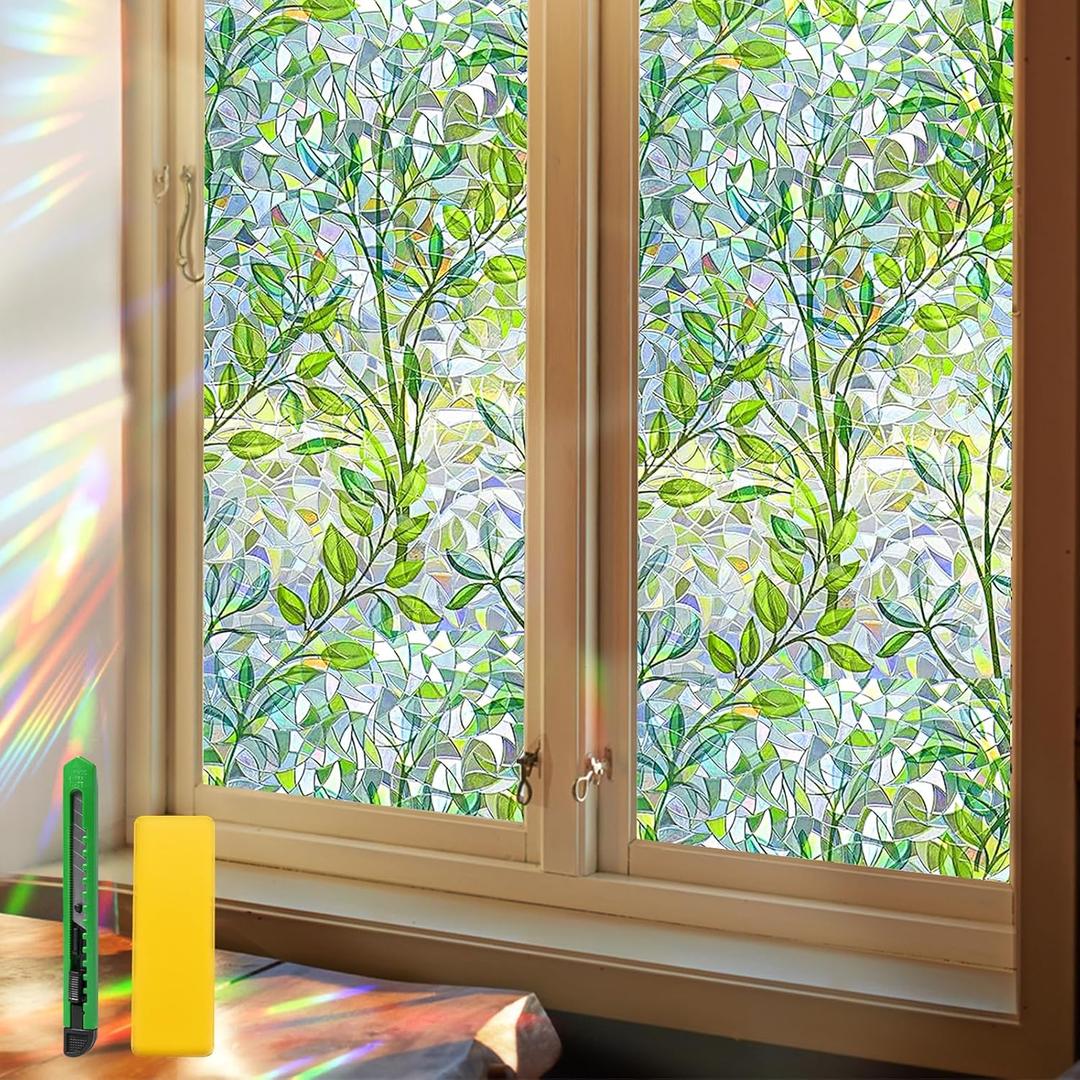 Niviy Window Privacy Film Stained Glass Window Film with Installation Tools, Rainbow Windows Decorative Decals Non-Adhesive Reusable for Home, Bathroom, Glass Door (Leaf Rainbow, 23.6 x 78.7 in)