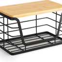 ALOCEO Small Wall Basket, Stainless Steel Adhesive Cabinet Door Organizer with Bamboo Top for Kitchen, Cabinet, Pantry, Black