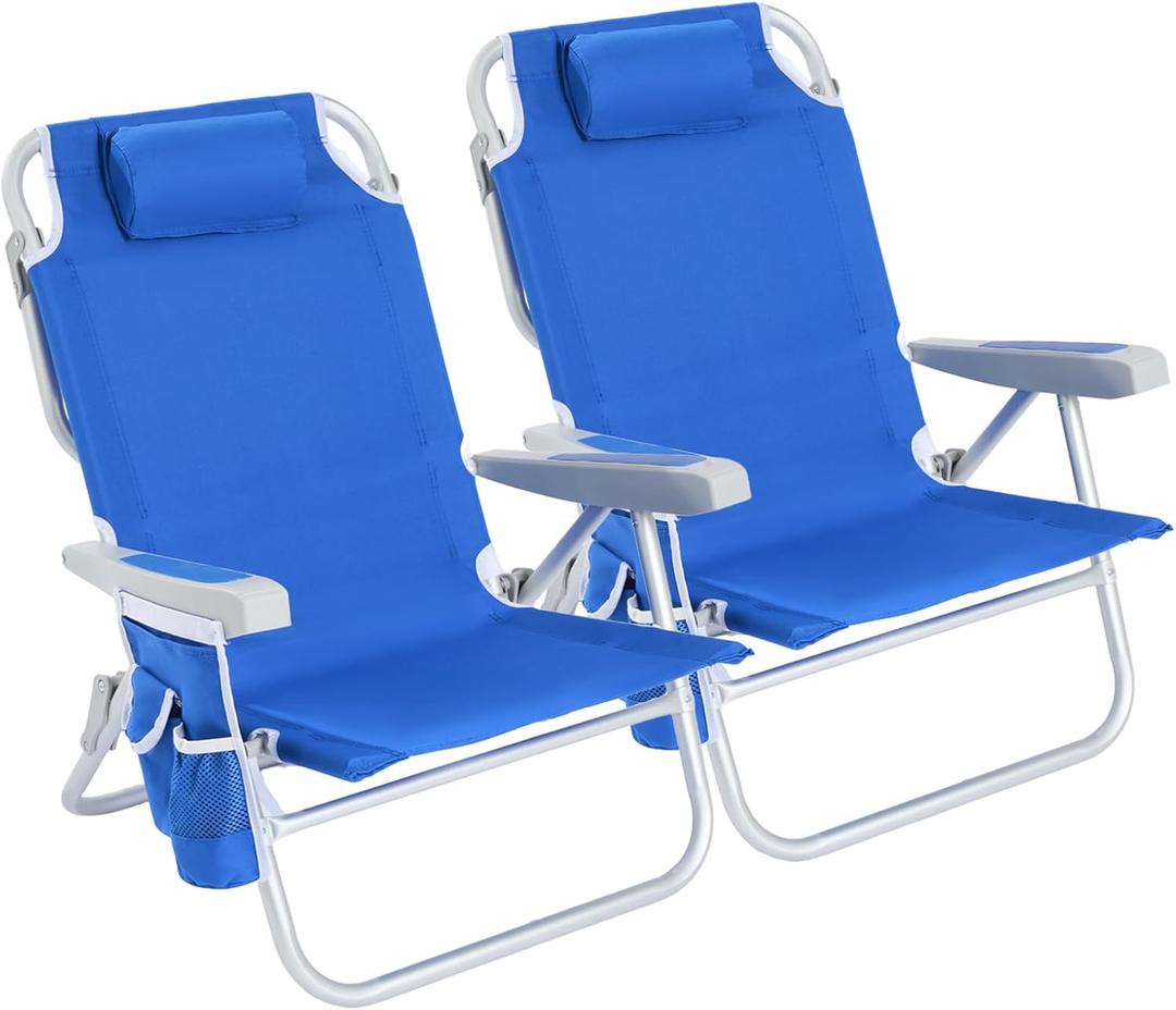 SUNNYFEEL Low Beach Chair 2 Pack, 5-Position Lay Flat Reclining, Backpack Portable Folding Chairs with Cooler Bag & Cup Holder, Heavy Duty 350 LBS, Compact for Beach, Camping, Travel