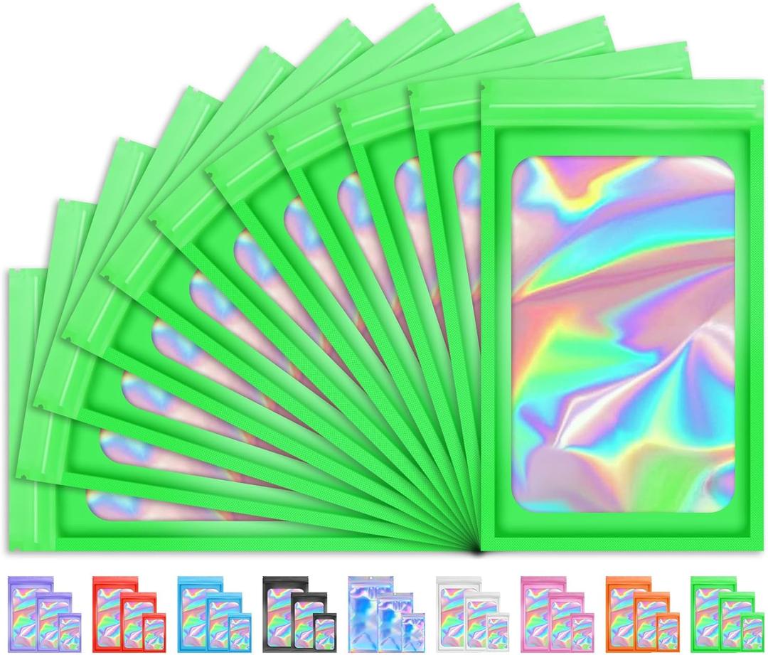 100 PCS Holographic Bags, Smell Proof Bag, Resealable Gift Bags, Clear Bags for Food Storage, Party Favor Bag, Mylar Sample Bag for Jewelry, Lipgloss, Eyelash | Green, 4x6 Inch
