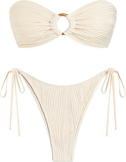 ZAFUL Women's Bandeau Bikini Strapless O Ring Lace Tie Back High Cut Two Piece Swimsuit Bathing Suits (2-beige S)
