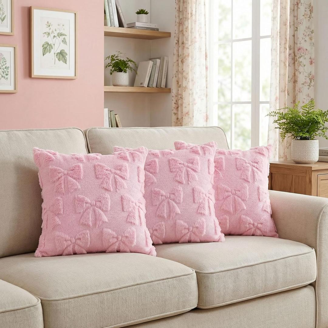 Pink Bow Pillow Covers 18x18 Inch Set of 3 Cute Bowknot Throw Pillow Cover Soft Plush Cushion Covers Aesthetic Pillowcase for Coquette Room Decor