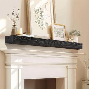 48" Fireplace Mantel, 3'' Thick Handmade Rustic Solid Wood - Wall Long Floating Shelf with Invisible Metal Bracket, Black, 48x3x7-solid
