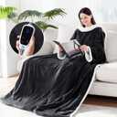 Sealy Electric Blanket Wearable with Foot Pocket, Electric Snuggle Blanket with Sleeves, Flannel & Sherpa Heating Throw with 6 Heat Settings & 2-10 Hours Auto Shut Off, 50 * 70"+18", Dark Grey (Charcoal)