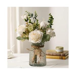 YJ Fake Flowers with Vase, Silk Roses Artificial Flowers in Vase, Faux Flower Plant Arrangement Suitable for Home Office Decoration, Dining Table Centerpiece(White)
