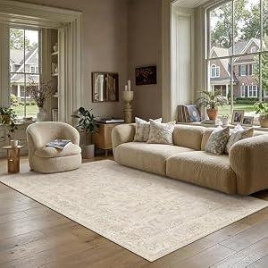 WondRg 6x9 Cream Washable Area Rug for Living Room Bedroom Neutral Floral Soft Non Slip Rug Low Pile Distressed Carpet for Dining Room Nursery Office Indoor