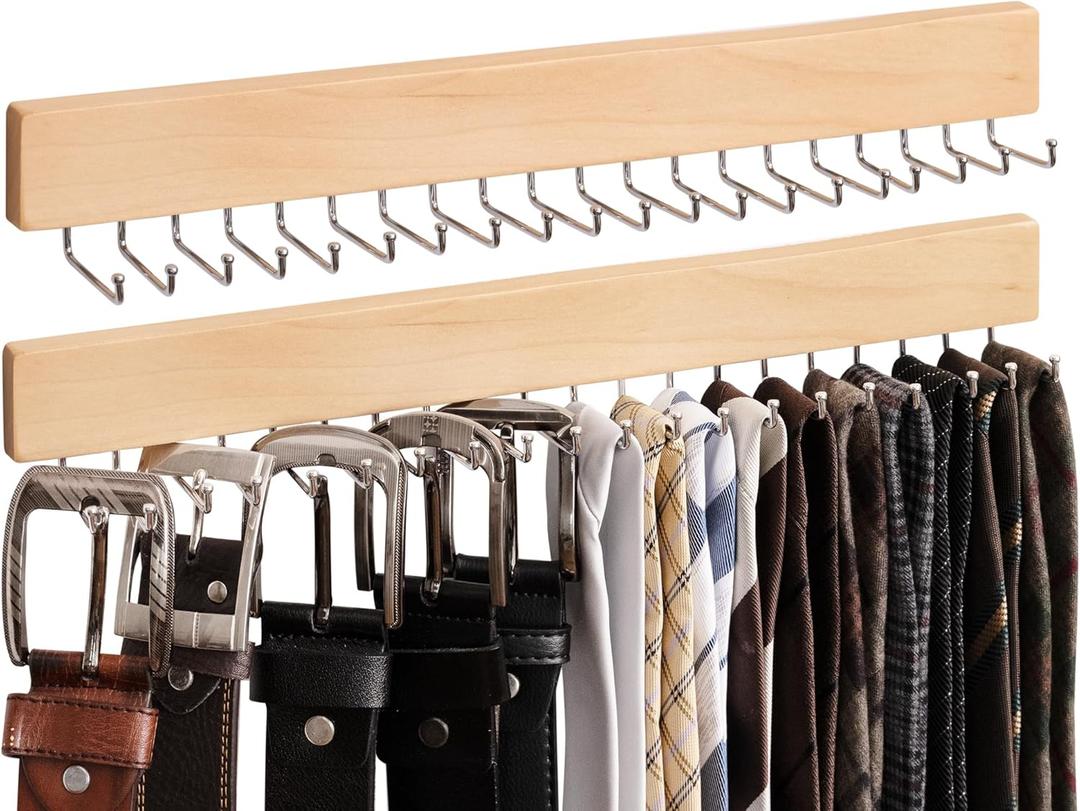 StorageWorks Tie Rack with 20 Hooks, 2-Pack Wall-Mounted Wooden Hangers for Neckties, Belts, Hats, Natural Wood Color