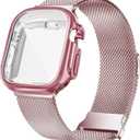 Geoumy Metal Magnetic Bands Compatible for Apple Watch Ultra 49mm with Case, Stainless Steel Milanese Mesh Loop Replacement Strap Compatible with iWatch Series Ultra 1 Ultra 2 for Women Men, Rose Pink