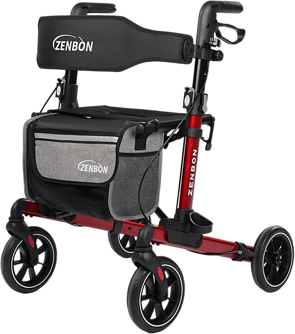Rollator Walker for Seniors/Adults Foldable in Two Directions Rolling Walker with Seat 330 lbs Capacity 4 Big 8 inch Wheels Hand Grips Adjustable Height Lightweight Aluminum Walker 7204(Red)