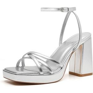 Trary Gold & White Heels - Square Toe, 3 inch Platform, Strappy & Block Heels for Wide Feet, Ankle Strap Y2k Shoes for Prom (7, Silver Pu)