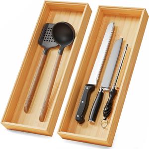 Long Bamboo Kitchen Drawer Organizer Boxes 17" x 6" Stackable Wood Silverware Utensil Tray for Drawers Bins Cutlery & Flatware Storage Wooden Pantry Organizers Set of 2 for Junk Drawer Bathroom Rv