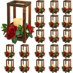 Hushee 60 Pcs Integrated Wedding Lantern Centerpiece Rustic Wooden Holder with Candles and Rings Farmhouse Candle Lantern Decor for Home Valentine Wedding Party Table Decor (Brown and Red)
