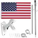 6 Feet Tangle Free Spinning Flag Pole Kit with American Flag (3x5) - Outdoor Flag | Embroidered Stars - Includes Flagpole Bracket - Rust Free (White)