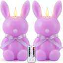 Baquler 2 Pcs Large Easter Bunny Led Flameless Candle 8 Inch Battery Operated Candles with Remote Real Wax Cute Rabbit Shape Candle with Bow 3D Flickering for Gift Home Party Decor (Purple)