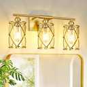 3-Light Brushed Gold Bathroom Light Fixtures, 21 Inch Modern Bathroom Vanity Lighting Fixtures Over Mirror with Clear Glass and Metal Cage Wall Sconce Lights for Bath, E26, CH9176BG-3W, Gold + Clear Glass