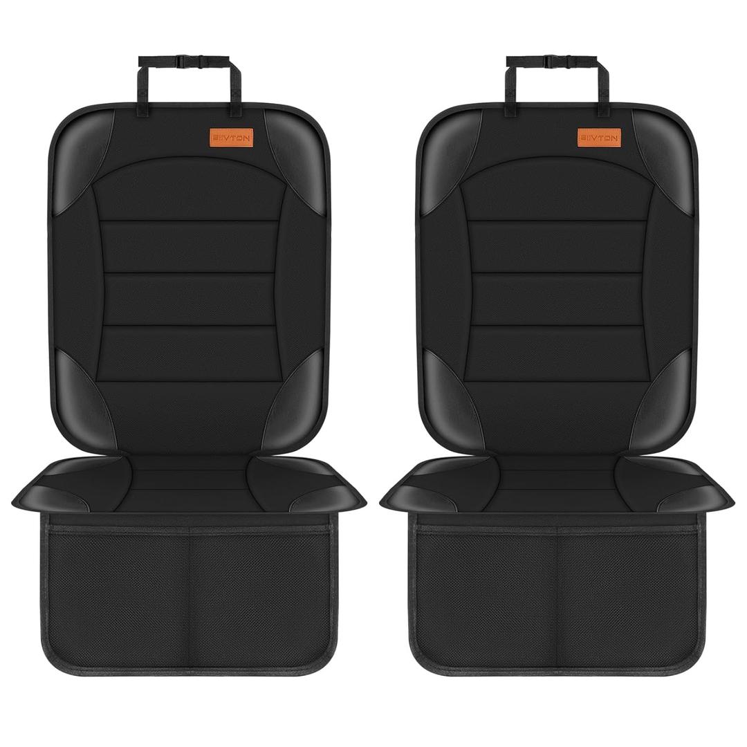 Siivton Car Seat Protector for Child Seat Cushion for Leather and Fabric Seats, 2 Mesh Pockets, Non-Slip Backing, Carseat Protectors for Vehicles, Baby, Pets (2 Pack) (Black)