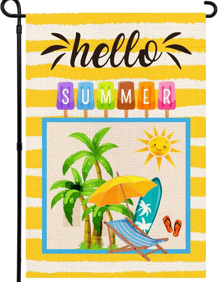 4 x Hello Summer Garden Flag 12x18 Inch, Colorful Popsicle Coco | Double Sided Holiday Burlap Yard Flag for Outdoor Decoration