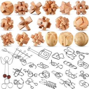 Yilloog 56 Pcs 3D Brain Teaser Puzzles Set Include 17 Wooden Brain 39 Metal Puzzles Unlock Interlock 3D Coil Cast Wire Chain for Adults Handheld Disentanglement Games Mind IQ Logic Test