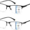 Multifocus Reading Glasses Men No Line Progressive Multifocal Reader Blue Light Computer Metal Frame Trifocal Eyeglass (Multifocal ( Black + Gun ))
