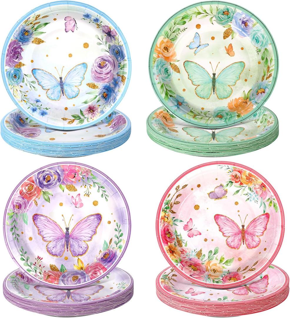 80 Pieces Butterfly Birthday Party Plates, 7 Inch Butterfly Paper Plates Spring Floral Disposable Dinnerware Decoration for Baby Shower Bridal Wedding Party Supplies