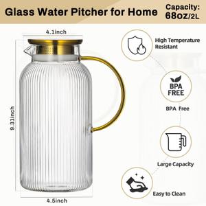 Glass Pitcher with Lid, 68 oz/ 2 Liter Classic Vertical Stripes Water Pitcher with Handle,Glass Water Carafe for Cold Brew, Coffee, Lemonade, Iced Sun Tea,Beverage,Heat Resistant