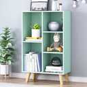 IOTXY Wooden Open Shelf Bookcase - 3-Tier Floorstanding Display Cabinet Rack with Legs, 5 Cubes Free Standing Bookshelf, Tiffany-Green