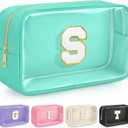 Initial Clear Makeup Bag, Birthday Gift Preppy Chenille Patch Cosmetic Bag, Initial Travel Essentials Beach Toiletry Pouch, Ideal Gift for Teachers & Moms, Women and Girls (Green, S)