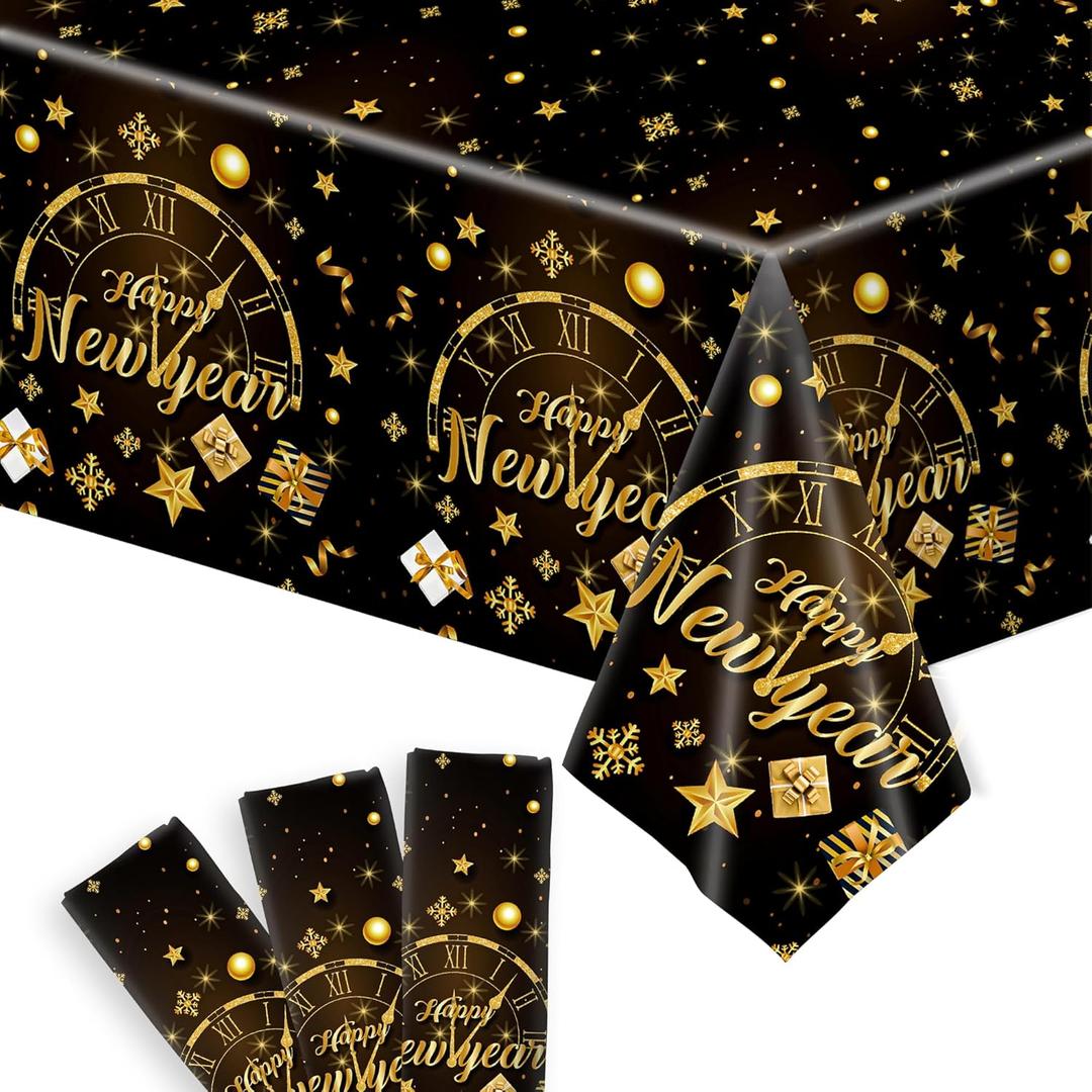 KatchOn, Happy New Year Tablecloth - 108x54 Inch, Pack of 3 | Happy New Years Decorations 2026 | Happy New Year Table Cloth 2026 | New Years Table Decorations Party Supplies 2026 | Nye Decoration 2026 (Black and Gold)