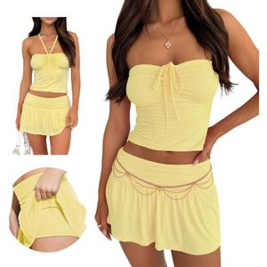 Summer Two Piece Outfits for Women Y2K Going Out Tie Ruched Tube Crop Tops Low Rise Pleated Mini Skort Skirt Sets (Medium, Yellow)