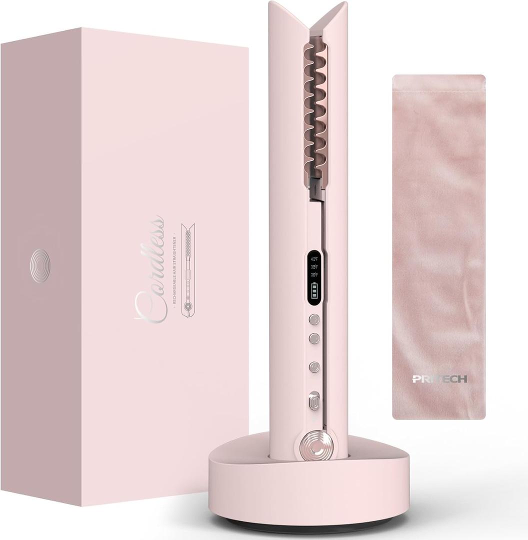 Travel Flat Iron Cordless, Mini Hair Straightener and Curler for On The Go, Portable Size USB-C Rechargeable Grey Straightening Iron PRITECH Pink