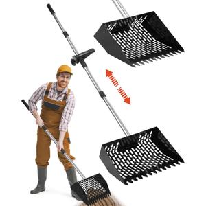 Chicken Poop Scooper & Rake - 2-in-1 Metal Chicken Coop Scoop for Sand with 22 to 62" Adjustable Handle, Litter Sifting Shovel Cleaning Tools for Chicken Run, Animal Farm, Duck Coop Black