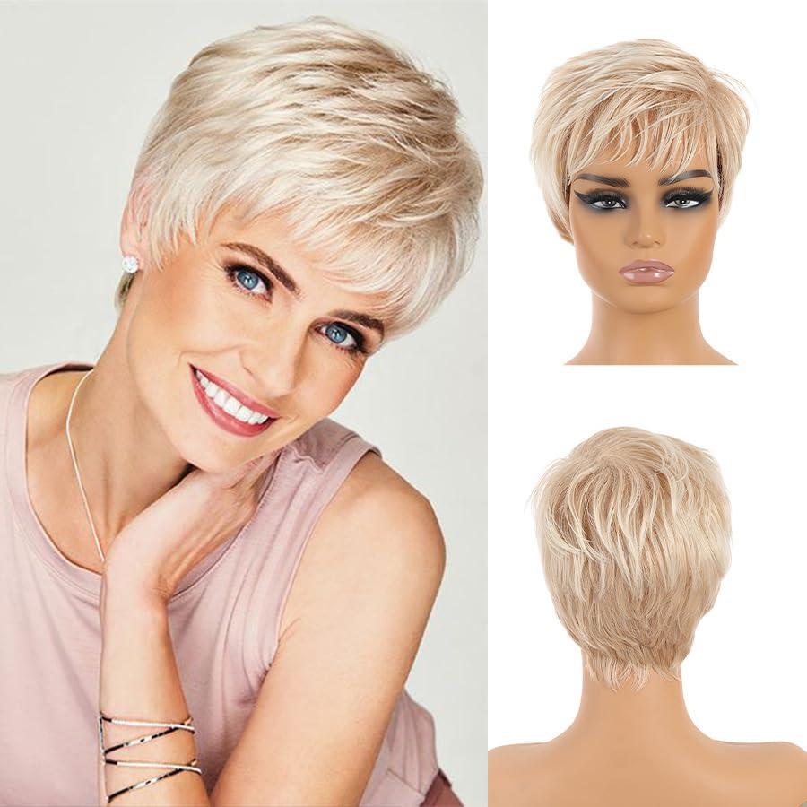Breathable Lightweight Blonde Wigs Human Hair Short Pixie Straight Cut Heat Resistant Cap for Everyday Natural Styling (White Gold,4inch)