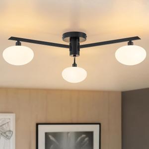 3-Light Mid Century Modern Ceiling Light 22.5" Black Semi Flush Mount Ceiling Light with Milk Glass Shade for Bedroom, Entryway, Hallway, Kitchen lsland, Dining Room & Living Room