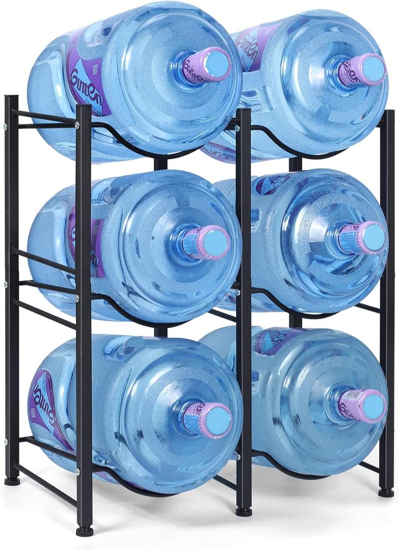 Nandae Water Cooler Jug Rack, 3-Tier Heavy Duty Water Bottle Holder Storage Rack 5 Gallon Water Jug Holder for 6 Bottle, Black