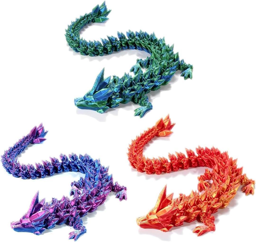 AMOMELA 3D Printed Crystal Dragon 12In 3Pcs-Perfect Basket Essentials Stuffers, 3D Printed Flexible Articulated Dragon,Fidget Toys for Autism/ADHD(Purple+Green+Red)
