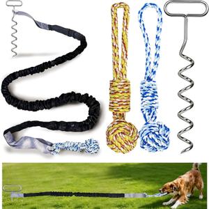 Dog Bungee Tug Toy with Steel Stake & 2 Chew Balls, 6.8ft Stretch Rope tug Toy - Tether Tug for Large/Medium/Small Dogs - Outdoor/Outside Dog Tug of War Toy (Lawn/Tree Use)