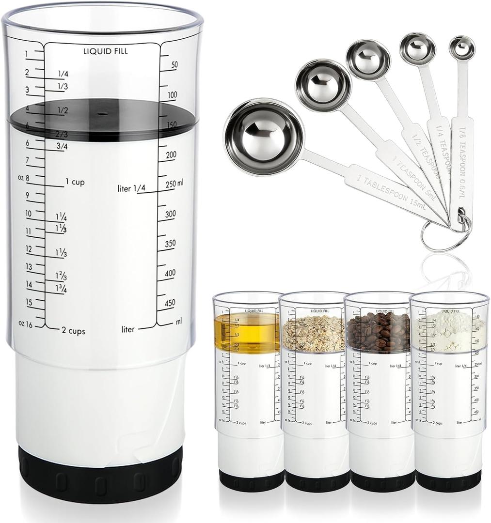 6 Pcs Adjustable Measuring Set Includes 1 Push up Cup and 5 Measuring Spoons Plastic Kitchen Baking Tool for Liquid Dry Semi Solid Ingredients Peanut Butter Home Cooking(2 Cup)