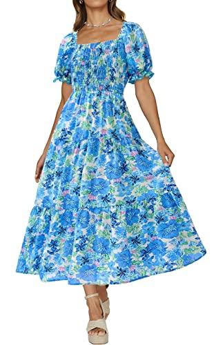 PRETTYGARDEN Womens Dresses 2023 Boho Dress Short Sleeve V Neck Floral Ruffle Tiered Maxi Dress Smocked Cocktail Dresses (Big Floral White and Blue,X-Large)