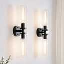 Wall Sconces Set of 2, Hardwired Bathroom Light Fixtures, Modern Bathroom Vanity Wall Lighting with Clear Glass Shade, Farmhouse Wall Sconce for Mirror Bedroom Hallway, Matte Black, E26 Base