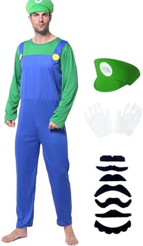Halloween Costume Adult Plumber Jumpsuit with Hat Gloves Moustache Costume Accessories Set Large