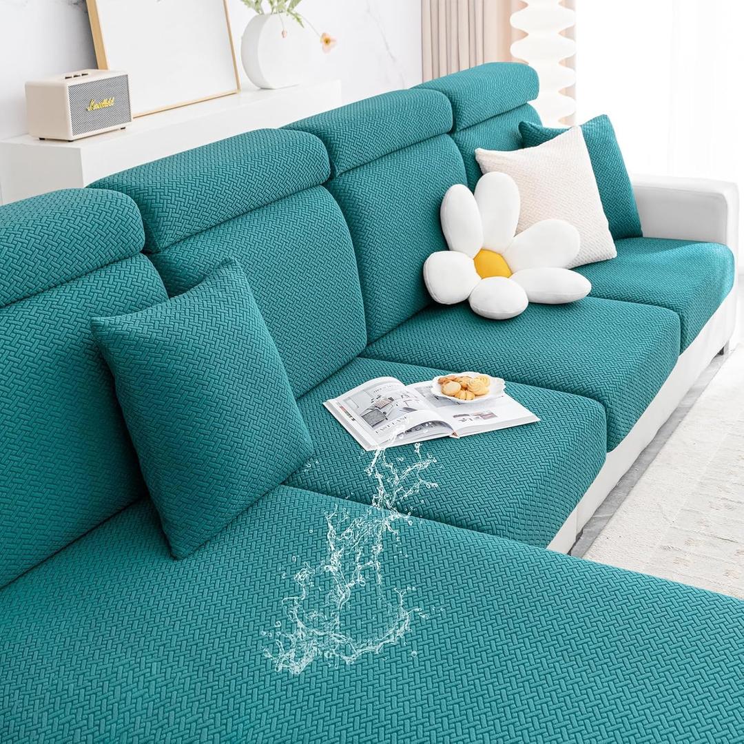 Smiry Waterproof Couch Cushion Covers, Stretch Jacquard Thick Sofa Cushion Covers, Washable Seat Slipcover Elastic Furniture Protector for Pets, Kid (3PC, Peacock Green)