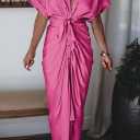 Women Elegant Satin Button Down Short Sleeve Maxi Shirt Dress with Belt (Pink, XL)