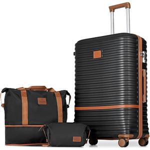 Joyway 28 Inch Large Luggage Hardside Suitcase with Spinner Wheel, Lightweight 3 Piece Suitcase Set with TSA Lock (Black Brown)