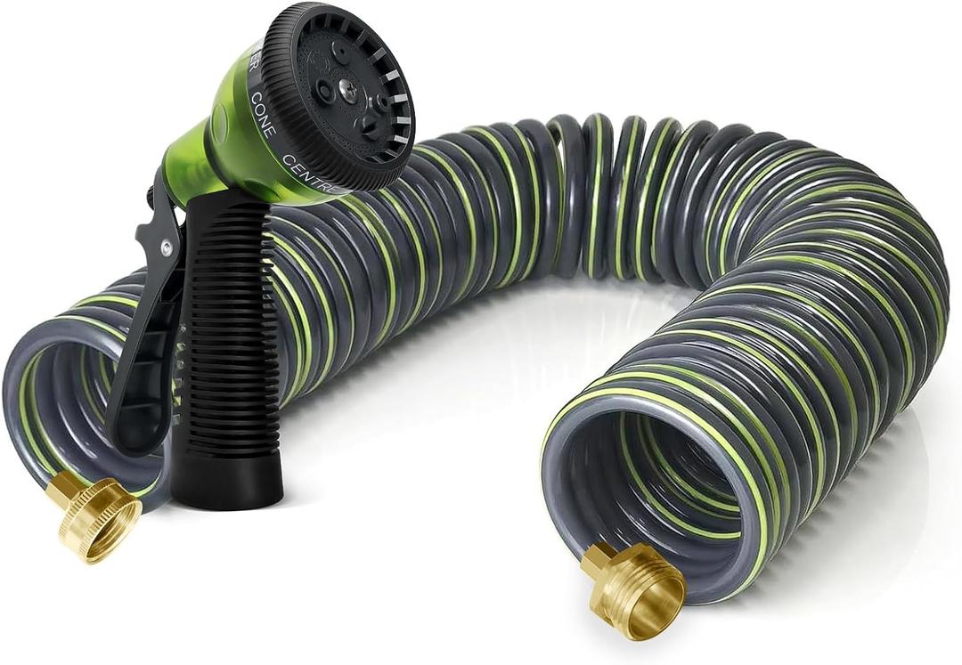 Coil Hose 25FT EVA Coil Garden Hose With 3/4'' Brass Connector Coiled Water Hose Lightweight And No Kink Includes 7 Patterns Spray Nozzle For Outdoors Lawn Watering Car Washing
