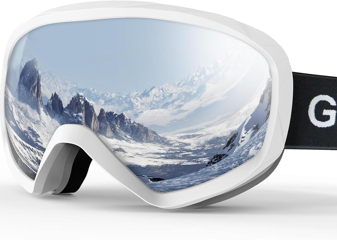 Ski Goggles, OTG 100% UV Protection Anti Fog Snowboard/Ski Goggles for Men, Women & Youth (White Frame Silver Lens Vlt10%-18%)
