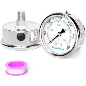 MEANLIN MEASURE 0~3000Psi Liquid Filled Pressure Gauge Stainless Steel with 316 Stainless Steel Joint 1/4" NPT 2.5" FACE DIAL for WOG Water Oil Air Center Back Mount