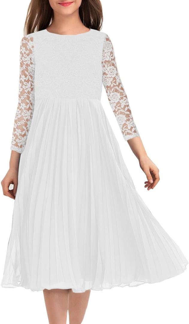 HOSIKA Flower Girl Dress Elegant Vintage Lace 3/4 Sleeve A-Line Pleated Formal Wedding Party Dress (White)