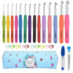 Crochet Kit for Beginners 14PCS Crochet Hooks for Yarn Ergonomic Crochet Hook Set, Extra Long  Plus Knit Needles Weave Yarn Set,Soft Rubber Grip Crochet Knitting Household with Portable Bag